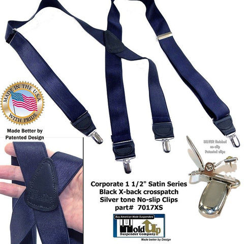 Steel Blue USA made Satin finished Holdup X-back suspenders with gold tone patented no-slip clips in XL length