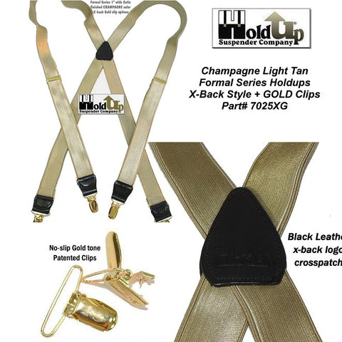 Hold-Ups Champagne Tan 1" Formal Series satin finished Suspenders X-back Gold Clips