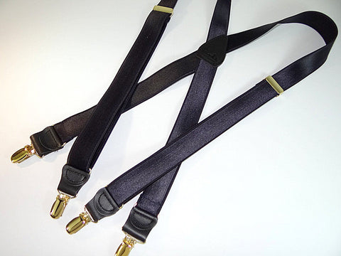 Hold-Up Suspender's Formal Wear Series clip-on X-back suspenders in "SATIN BLUE" dark navy color featuring our patented NO-SLIP clips in gold tone