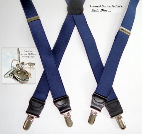 Formal Series narrow satin finished dark blue Holdup suspenders with Patented silver no-slip clips