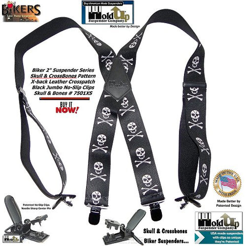 USA made Biker Skull & Bones pattern Holdup X-back suspenders with black Jumbo No-slip patented clips