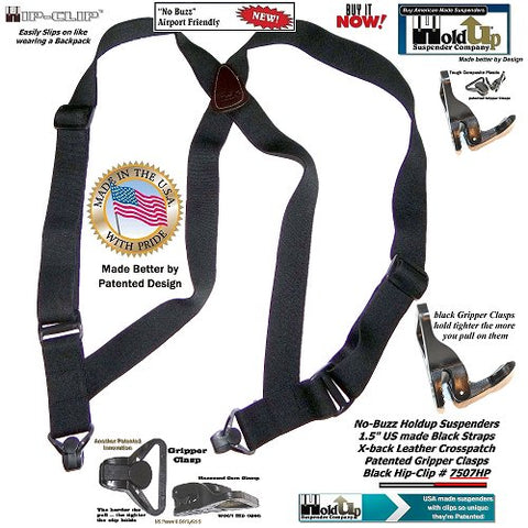 USA made Holdup Hip-Clip Style No-Buzz Black Suspenders with patented gripper clasps