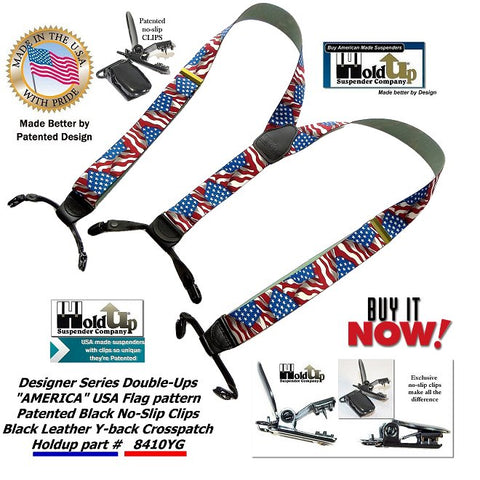 Designer Series dual Clip Double-Up style dress USA flag pattern suspenders with patented no-slip clips