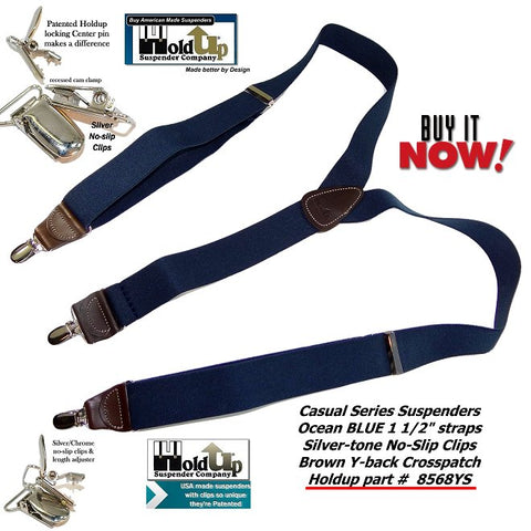 Ocean blue Y-back casual series Holdup USA made men's suspenders with patented silver-tone no-slip clips