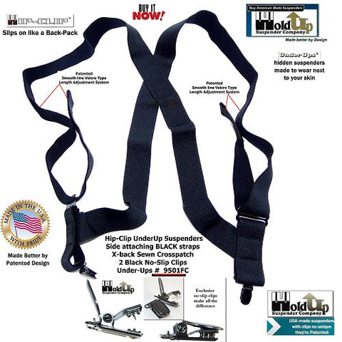 Black side clip-on trucker style Holdup suspenders designed to wear under any loose fitting shirt and attach at the side of your pants or short.