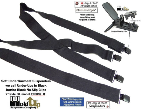 Black soft undergarment suspenders worn under loose fitting Untucked shirts with pants or shorts