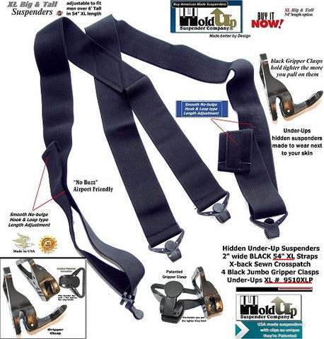 American Made HoldUp Brand smooth Under-Up All black XL Suspenders with 4 patented gripper clasps for the Big & Tall man