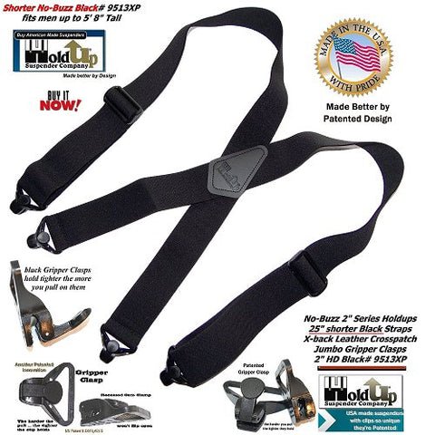 Heavy duty black work suspenders for shorter men that pass through metal detectors