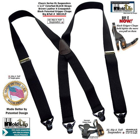 classic Black XL clip-on Holdup Gripper Clasp X-back suspenders have 1 1/2" wide straps adjustable to 54" in length to fit men over 6" tall