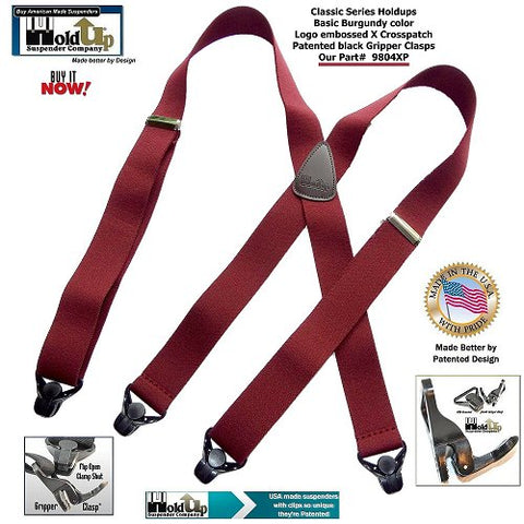 Classic X-back Holdup Suspenders in 9 colors now have option for the super strong black Gripper Clasps that hold tighter the harder you pull on them.