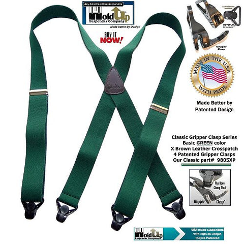 Classic Series Green Holdup X-back suspenders with patented composite plastic Gripper Claps are made in the USA by Holdup Suspender Company