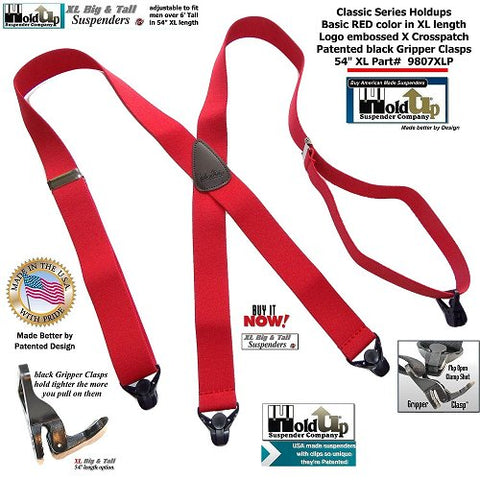 Holdup Suspender Company introduces the Classic Series XL Big and Tall bright red X-back suspenders with black super strong Gripper Clasps