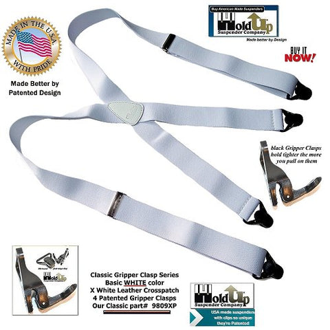 Classic Series all white Holdup X-back Holdup Suspenders with patented black Gripper clasps and white leather crosspatch