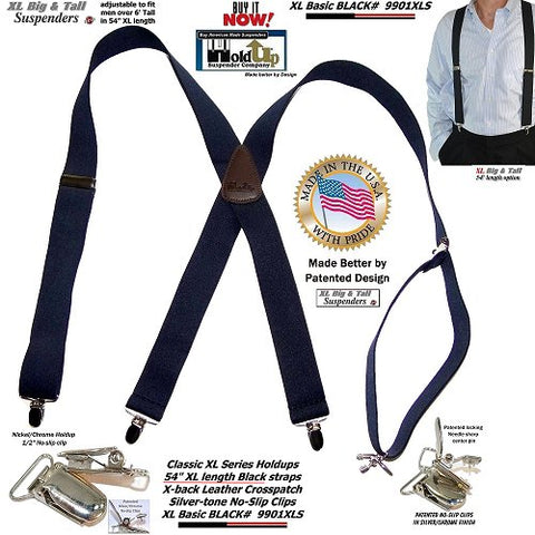 USA made Top quality basic Black X-back Holdup brand suspenders with silver no-slip clips