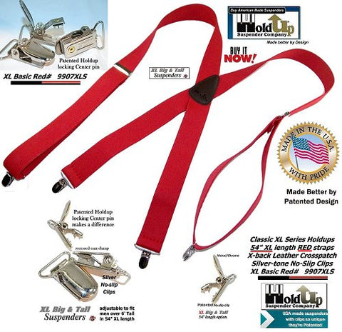 XL Red clip-on Holdup suspenders have chrome finished patented NO-SLIP® suspender clips and silver ton metal strap length adjuster