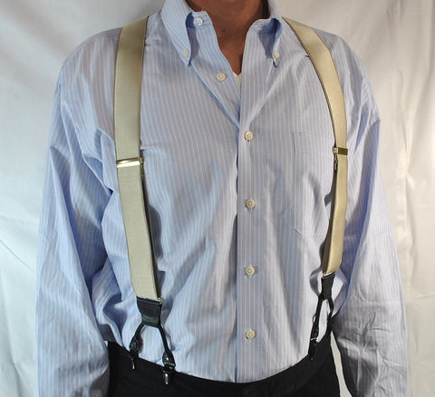 Champagne Tan satin finished dual clip Double-Up style Holdup suspenders are made in the USA with patented no-slip clips