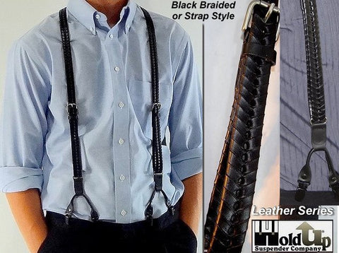 Brack leather braided Holdup leather suspenders have dual clip Double-Up styling and patented no-slip black clips