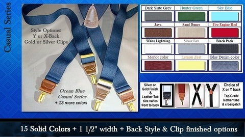 Casual Series single clip Holdup suspenders in 14 colors with X or Y-back and clip finish options