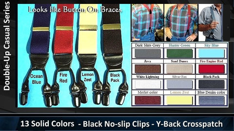 Dual Clip Casual Series Holdup suspender in 14 solid colors look like old style button on suspenders