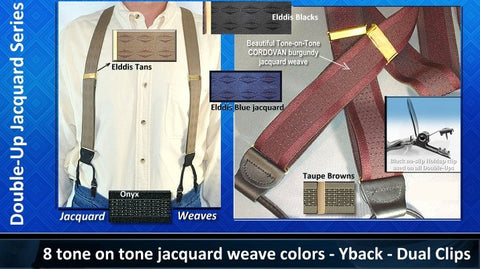 Jacquard weave Series Dual Clip Double-Up style Holdup suspenders in 9 tone on tone colors