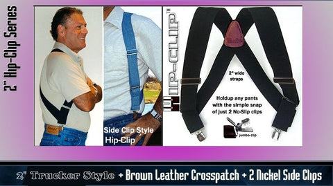 Hip-Clip Holdup suspenders in 2 widths and 5 colors attach at the side of your pants