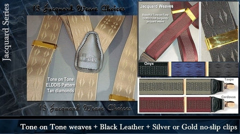 Jacquard weave tone on contrasting color tones make for a stunning look in fashionable office suspenders