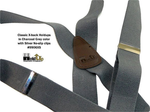 Classic X-back dark grey Holdup suspenders with C-back brown leather crosspatch
