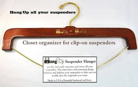 Holdup Suspender Company makes a great wood and brass suspender Hanger for organizing your suspender collection