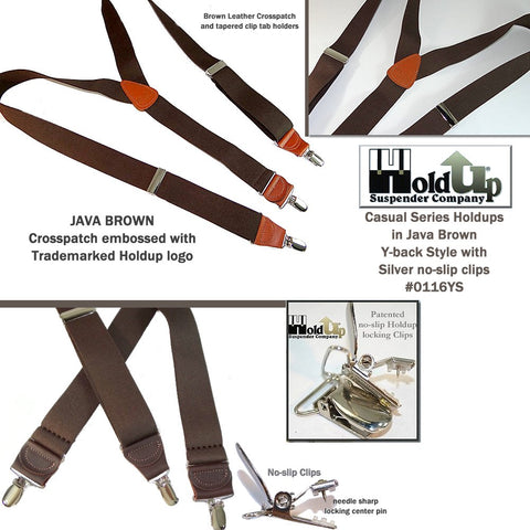 Hold-Up's Casual Series in a dark JAVA Brown solid color men's suspender featuring our patented No-slip clip with nickel metal finish and nickel metal length adjuster