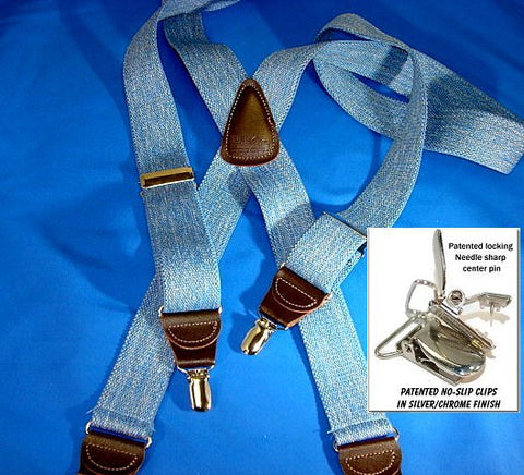 Light Blue Denim Holdup Casual Series suspenders with silver tone patented no-slip clips