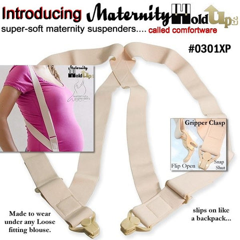 Side clip style of Holdup Maternity hidden soft pant suspenders in standard or plus sizes