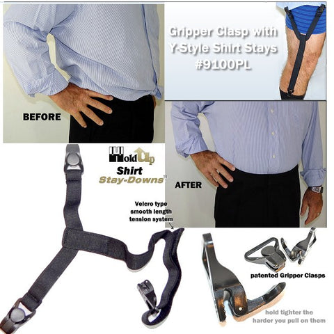 Patented Shirt Stays-Down are shirt tail suspenders that hold any shirt firmly in place without billowing at the waistline