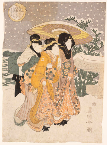 Japanese woodblock print of three women in vibrant floral kimonos walking through snow by Utagawa Toyokuni