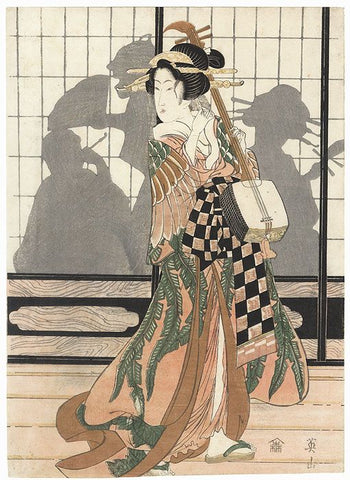 Japanese woodblock print of courtesan in a leaf print kimono standing holding shamisenby Eizan