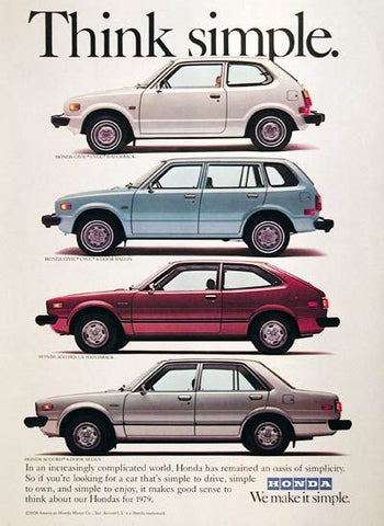 Vintage Automobile Advertisement silver teal and red cars from 1979 by Honda