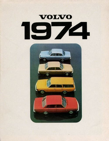 Vintage Automobile Advertisement of light blue tan yellow and red Volvos from 1974 