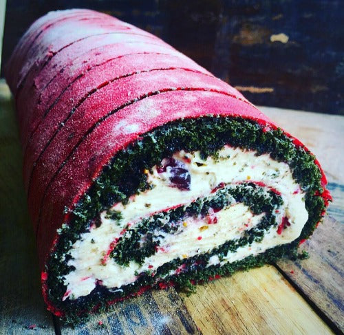 Delicious Matcha Cherry Swiss Roll with Sour Cherry Mustard Jam blended with Mascapone Coffee Cream