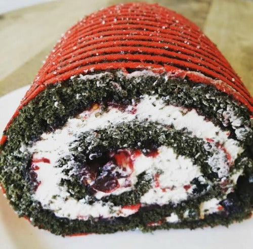 Matcha Sour Cherry Mascapone Swiss Roll with Sour Cherry Mustard Jam and Coffee Mascapone Cream with a subtle hint of mint