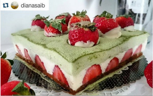 Matcha White Chocolate Mousse Cake with rich matcha genoise for base and fresh strawberry for garnishing