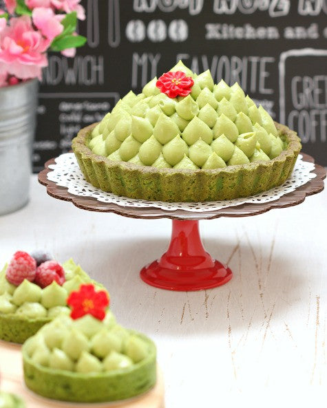 Delicious Matcha Tarts with sweet homemade Strawberry Jam Filling and topped with most fluffy mascarpone cream