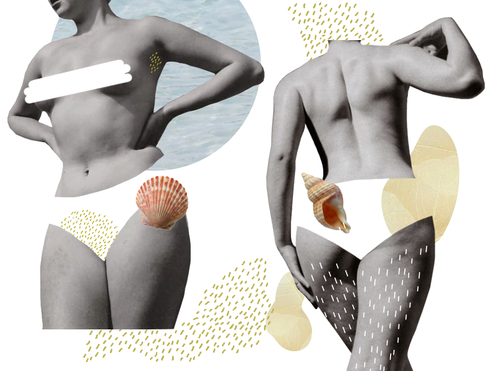 Collage of nude woman with shell and ocean. 