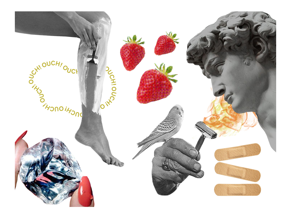 Collage of strawberries, bird, razor, band aid, and statue head. 