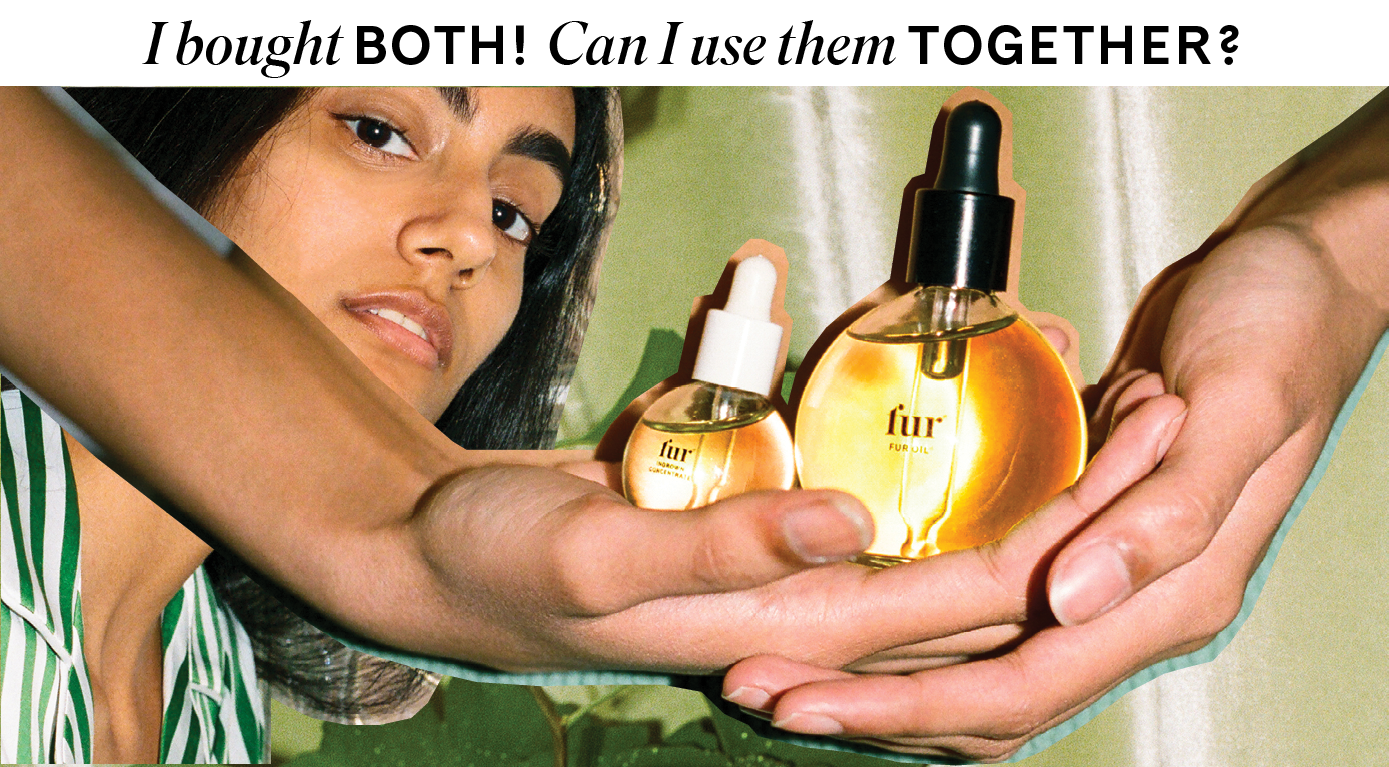 Collage of womans face and hands holding Fur Oil and Ingrown Concentrate with text "I bought both! Can I use them together?".