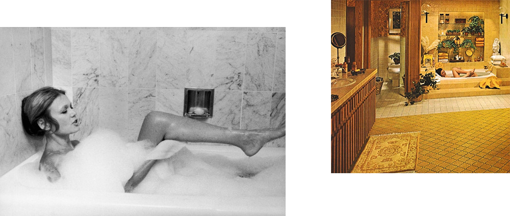 Woman washing her legs while taking a bath. 