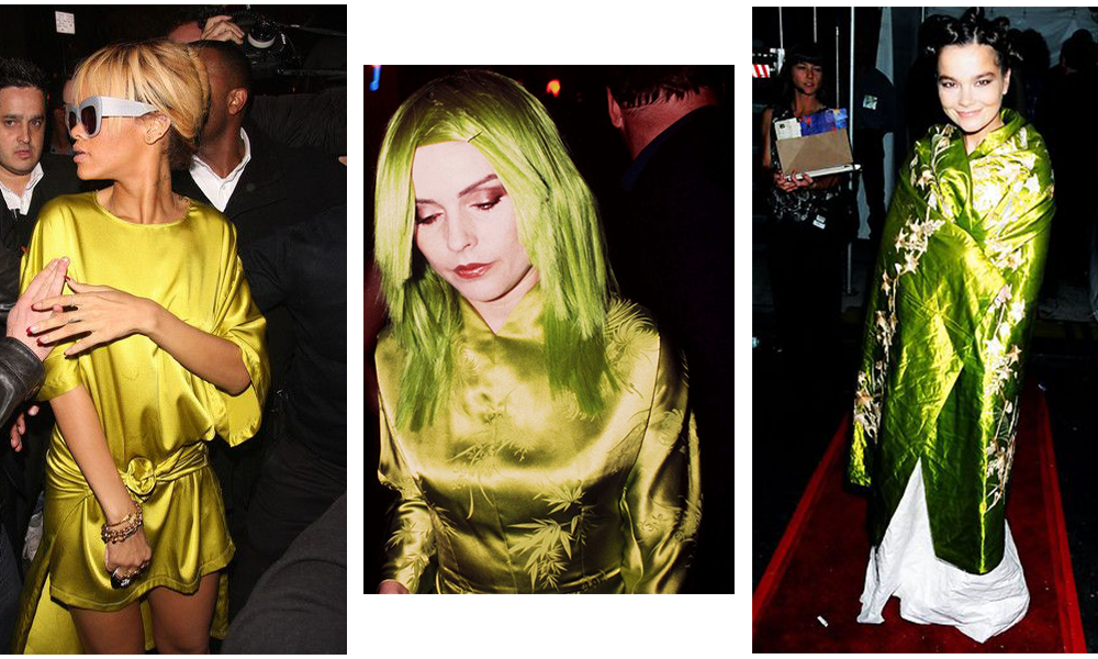 Debby Harry, Bjork, and Rihanna all in green dresses.