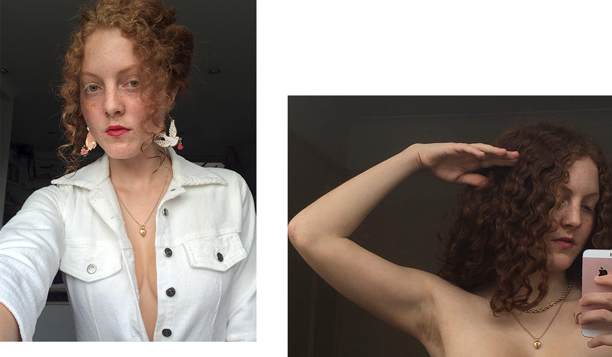 Woman with curly hair pictured left in white top / woman with armpit hair. 