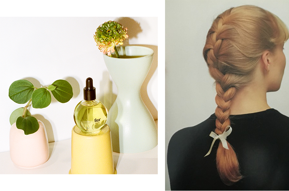 Fur Oil alongside vases with plants / Back of a woman's head with braid in her hair.