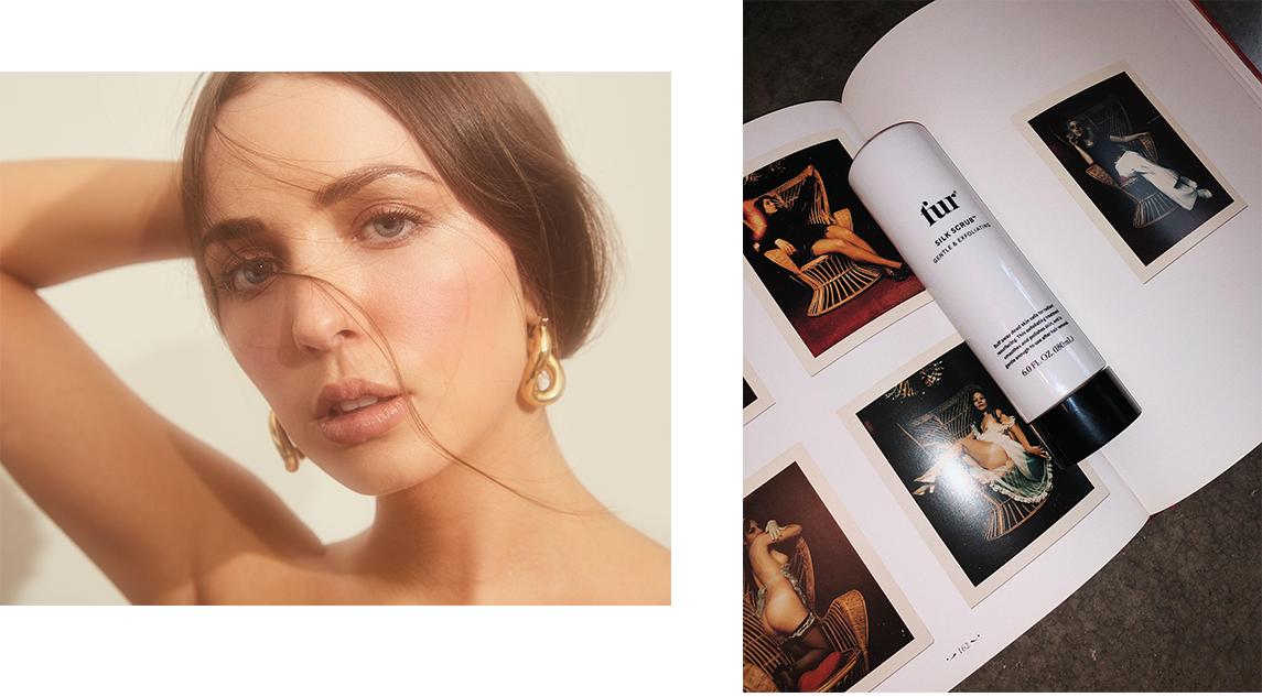 Woman with large gold earrings / bottle of Silk Scrub on top of an open book.