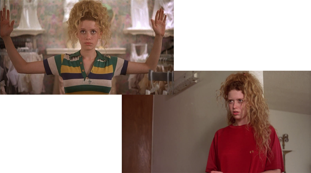 Woman in striped shirt with her hands raised / woman in red shirt with curly hair. 