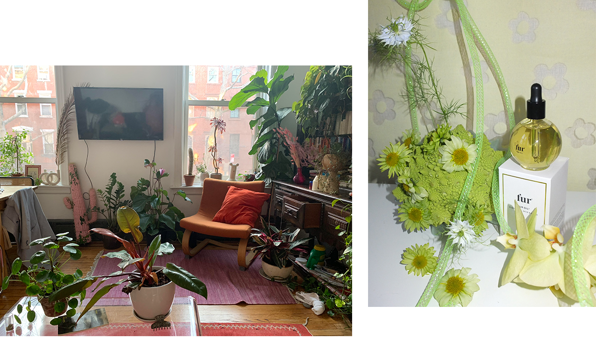Tyler McGillivary's apartment pictured with Jaimie McCuaig's Fur floral arrangement.